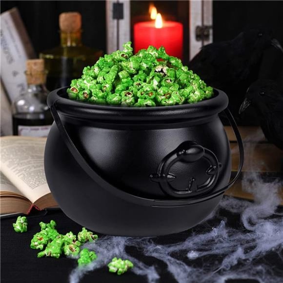 Halloween Large Cauldron, 7.4" Black Plastic Witch Pot with Handle, Vintage - Picture 4 of 7